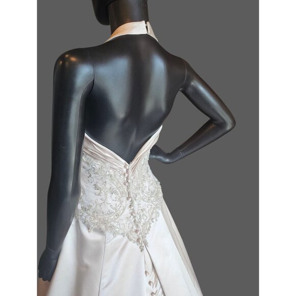 NWOT - Pearl Satin Halter Beaded Basque Waist Wedding Gown - Allure Bridal - Picture 10 of 12